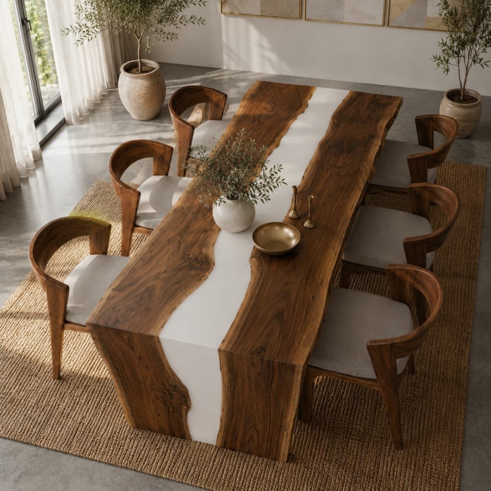 Custom walnut white epoxy table designed for modern dining spaces