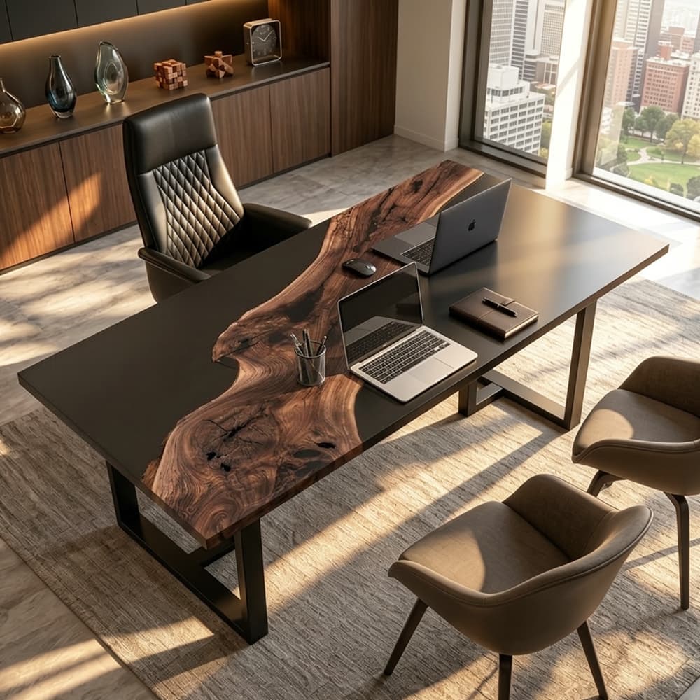 Custom walnut wood and black resin office desk combining natural hardwood character with a sleek contemporary finish.