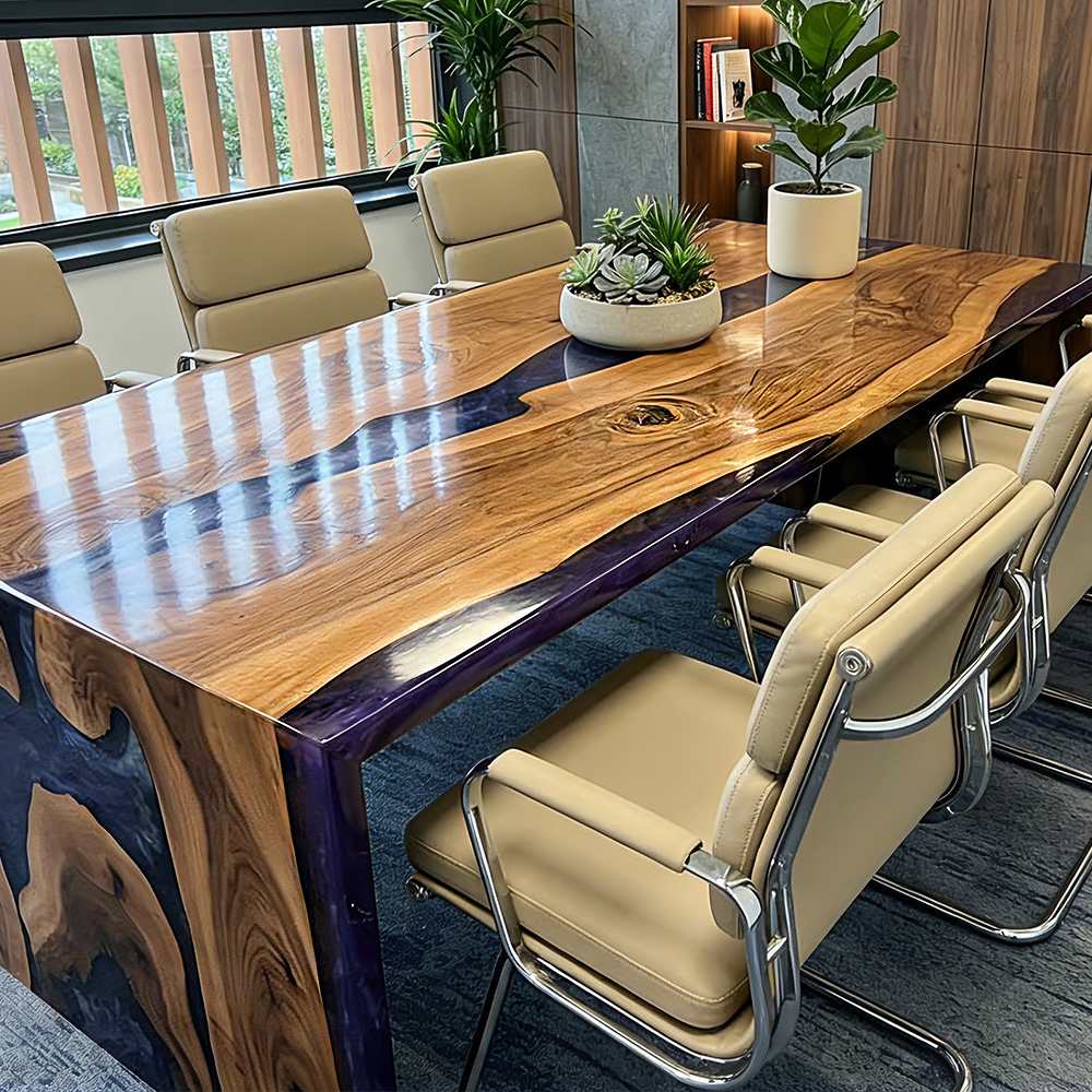 Handmade walnut conference table with waterfall design and striking purple epoxy river