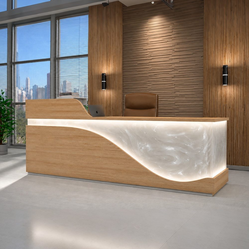 Custom white resin front desk made from ash wood for a clean and welcoming reception area