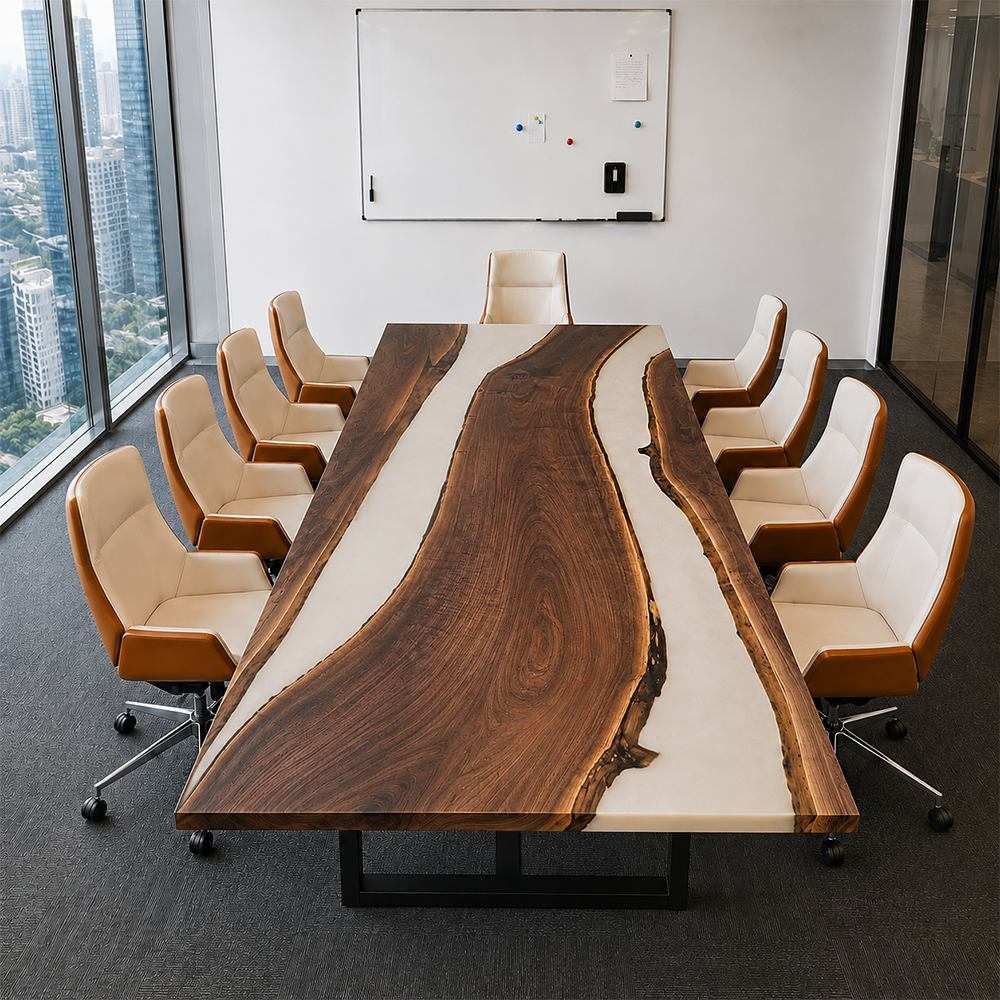 Ivory river black walnut epoxy conference table with white resin channels and natural live edge wood slabs