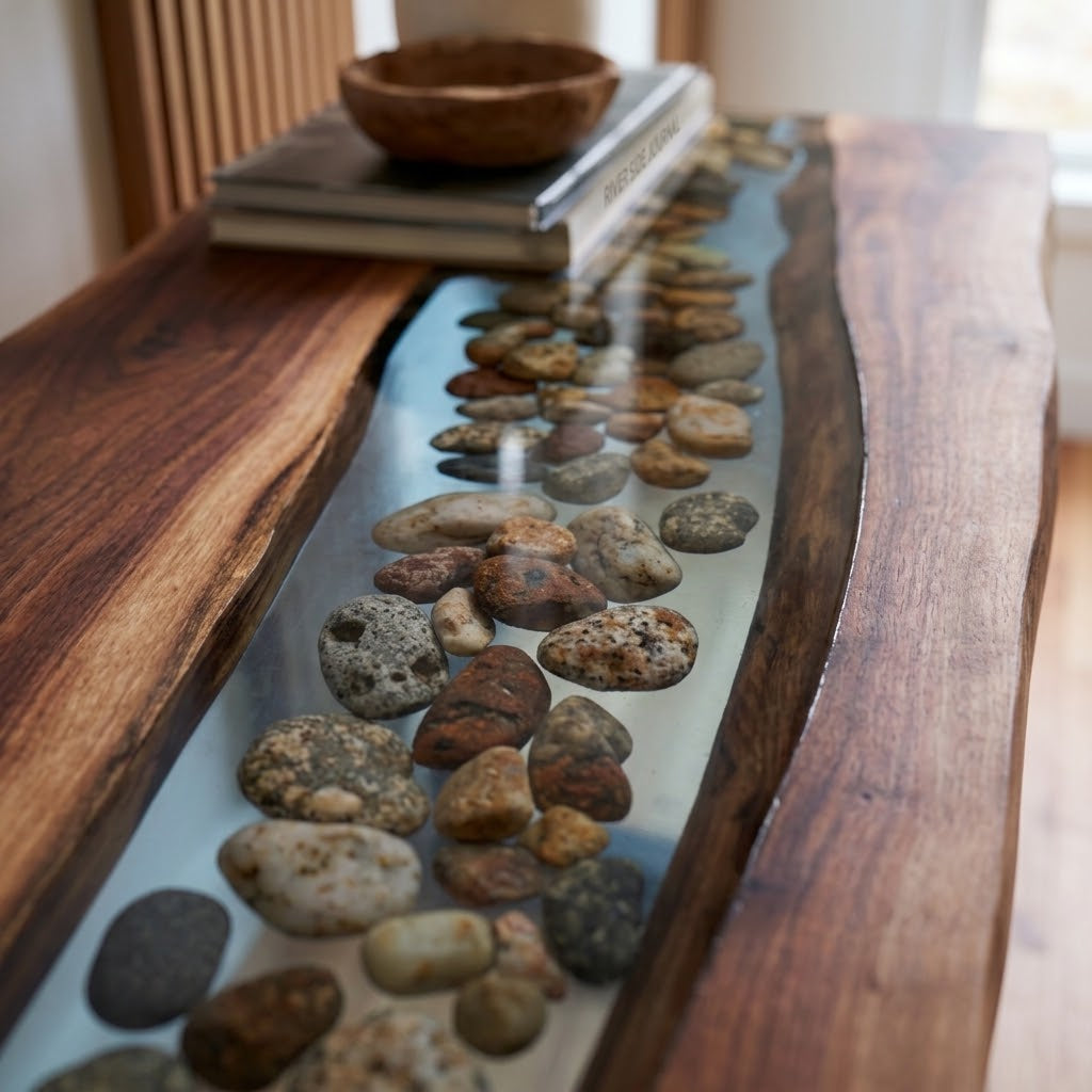Custom wood and epoxy entryway console with natural walnut grain and decorative stone-filled resin