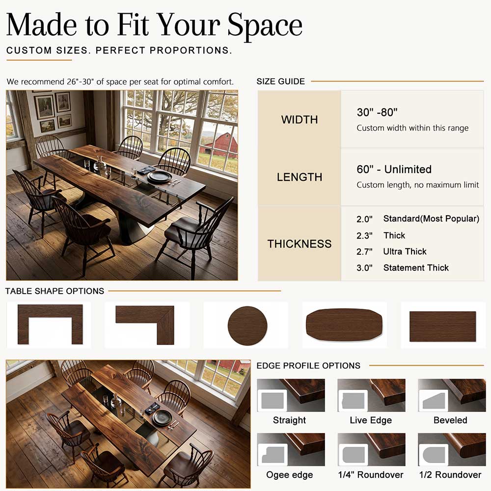 Dining table size guide with dimensions, shapes, and edge profiles displayed.