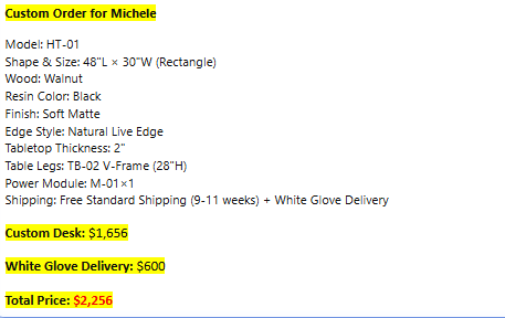 Luxcraftwood Custom Order Link for Michele | 48"L × 30"W Walnut Table