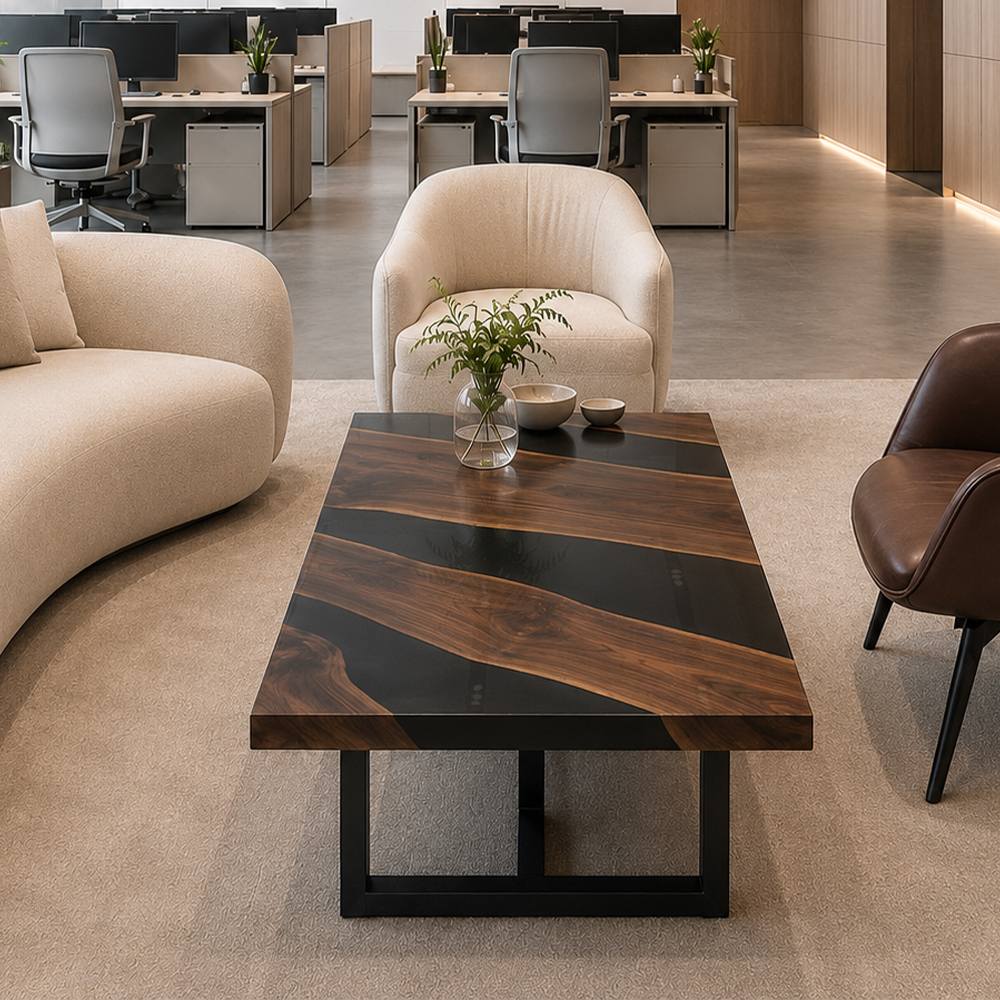 Natural walnut slab with hand‑poured dark black epoxy river design on custom‑made coffee‑table surface