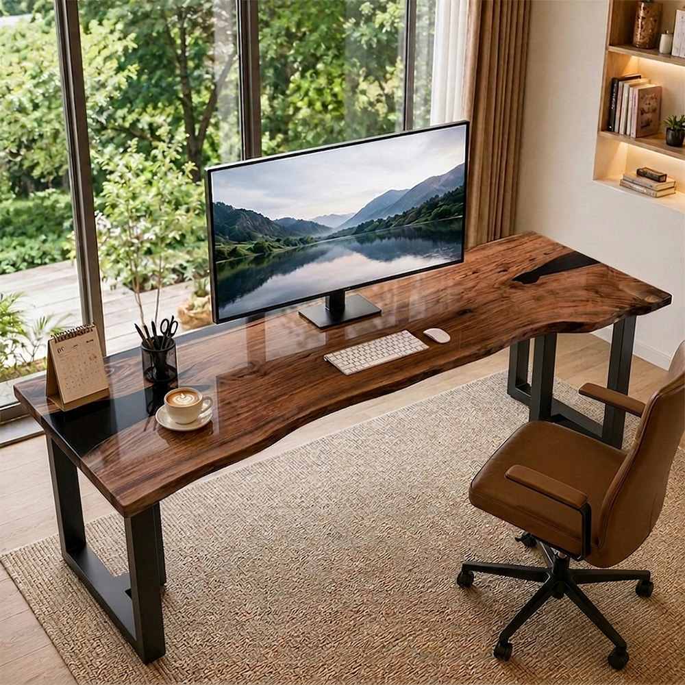 Walnut computer table with dark resin detail placed near large windows in a bright residential work area