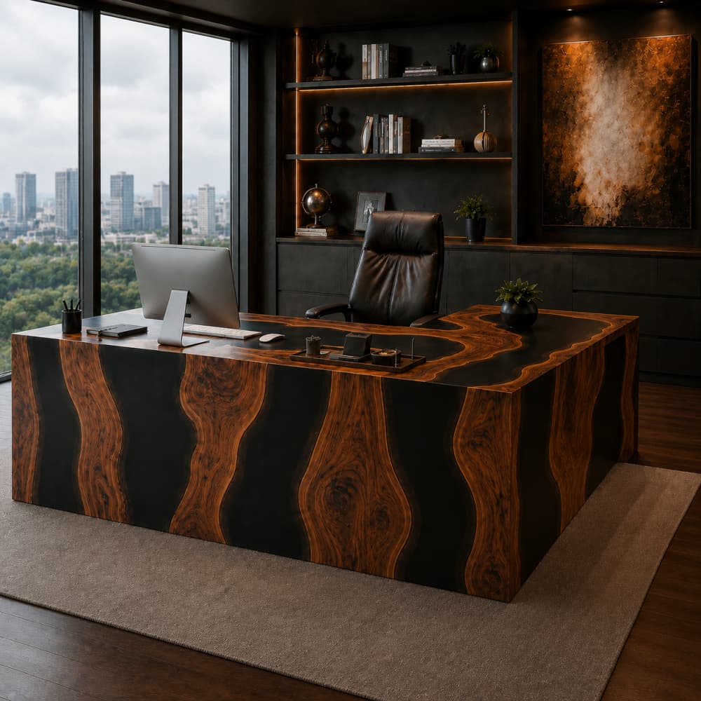 Dark resin walnut corner office desk designed for an executive workspace