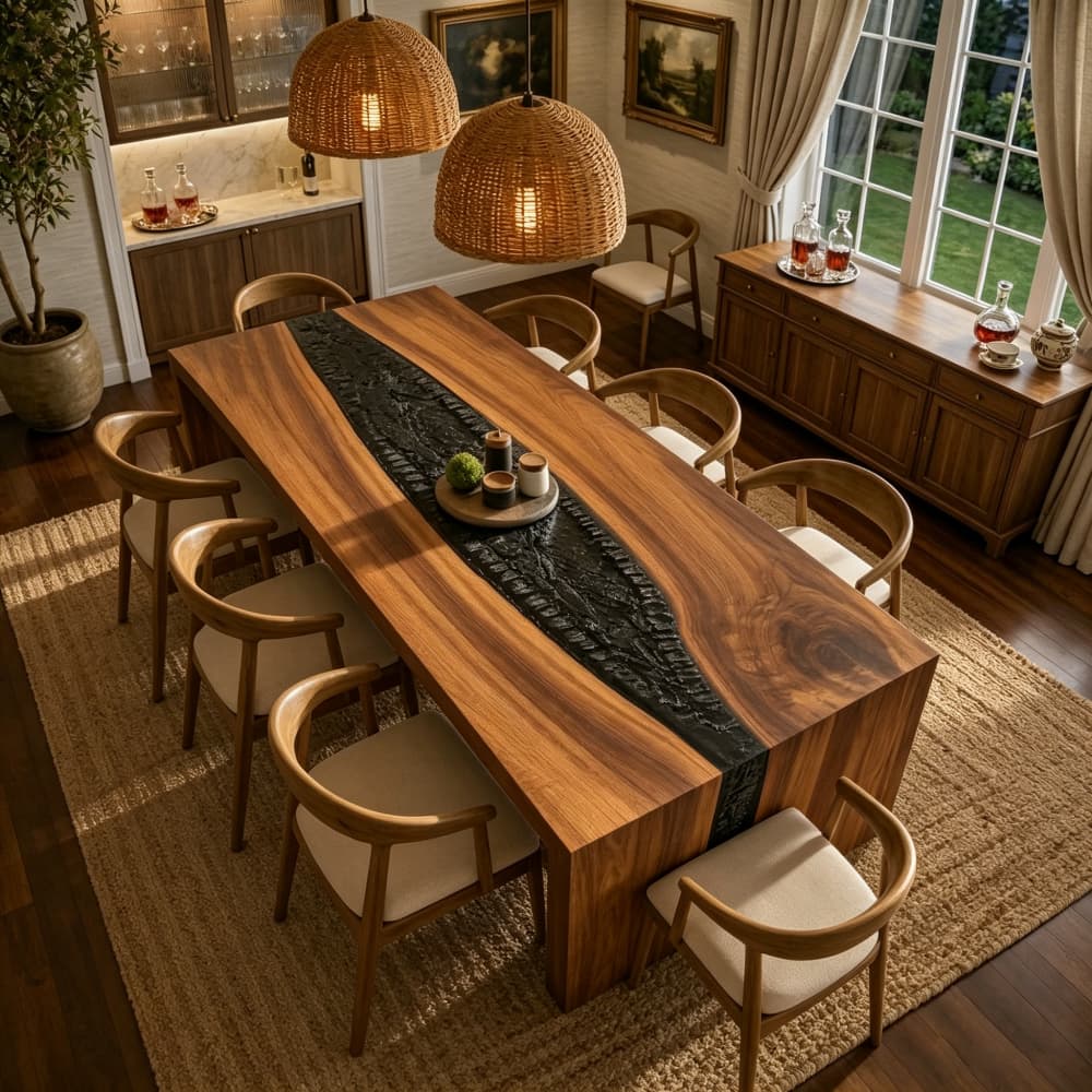Black walnut obsidian epoxy waterfall dining table with rectangular top for a warm residential dining room