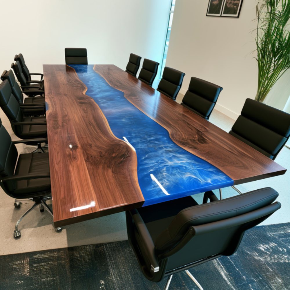 Deep blue epoxy river flowing through a custom Black Walnut boardroom conference table