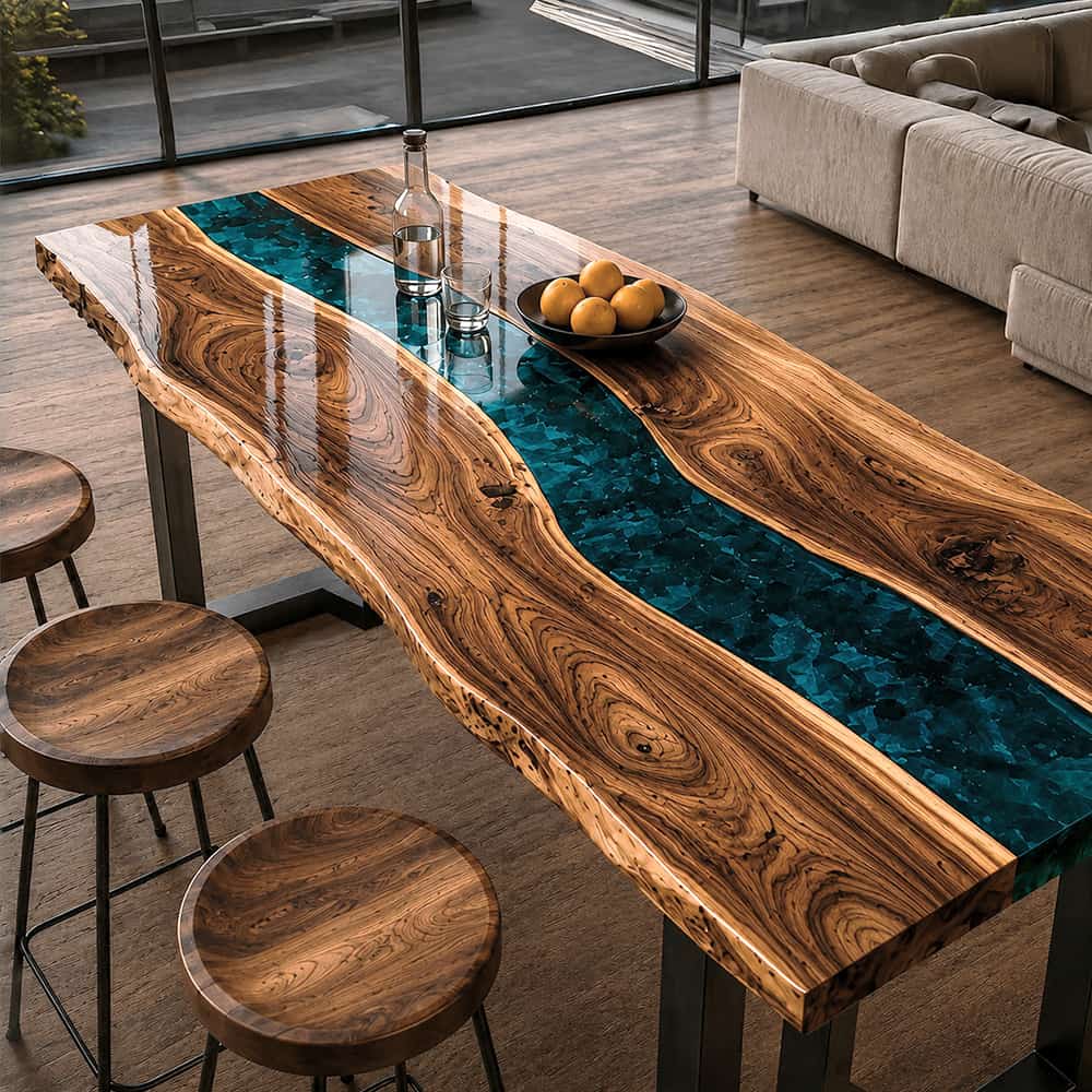Custom walnut gathering table with a vibrant blue epoxy river for entertaining spaces