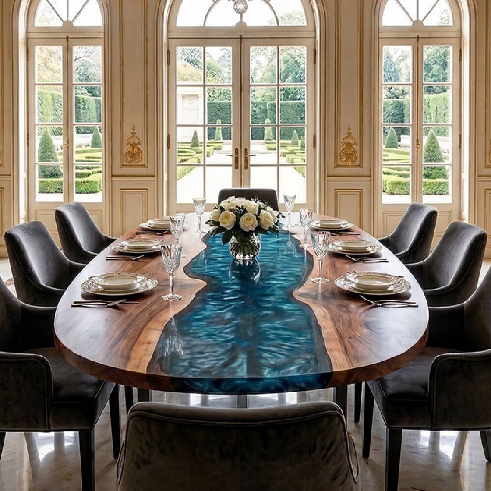 Deep teal swirl epoxy follows the boat-shaped walnut tabletop, giving this banquet table a fluid, elongated look for formal dining.