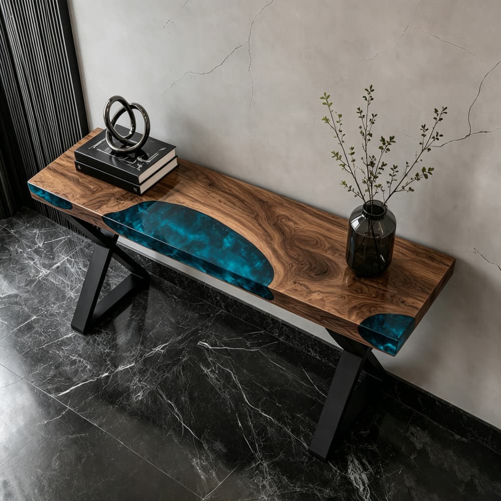 Modern walnut and navy blue epoxy console table as a luxury hallway accent furniture piece