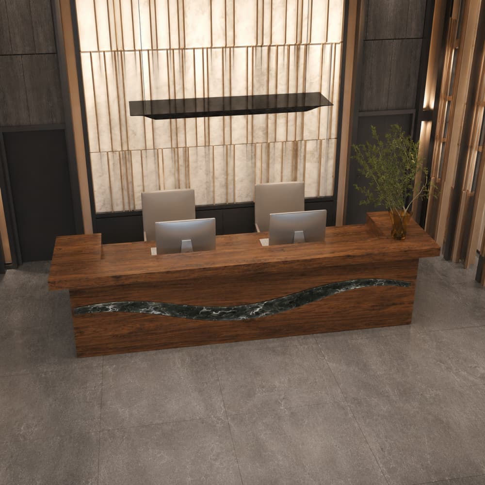 Designer black walnut lobby desk with titanium silver resin for upscale reception spaces