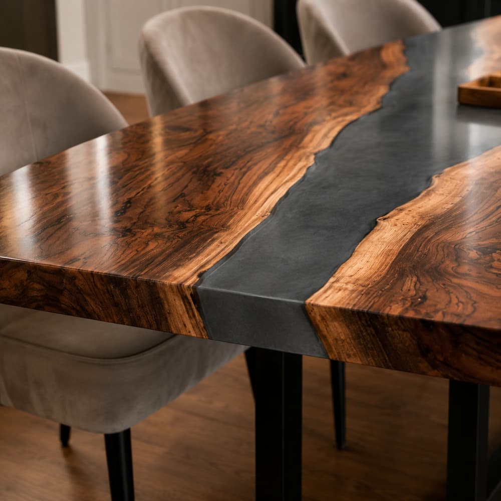 Designer dining table combining natural walnut grain and smoke gray epoxy river