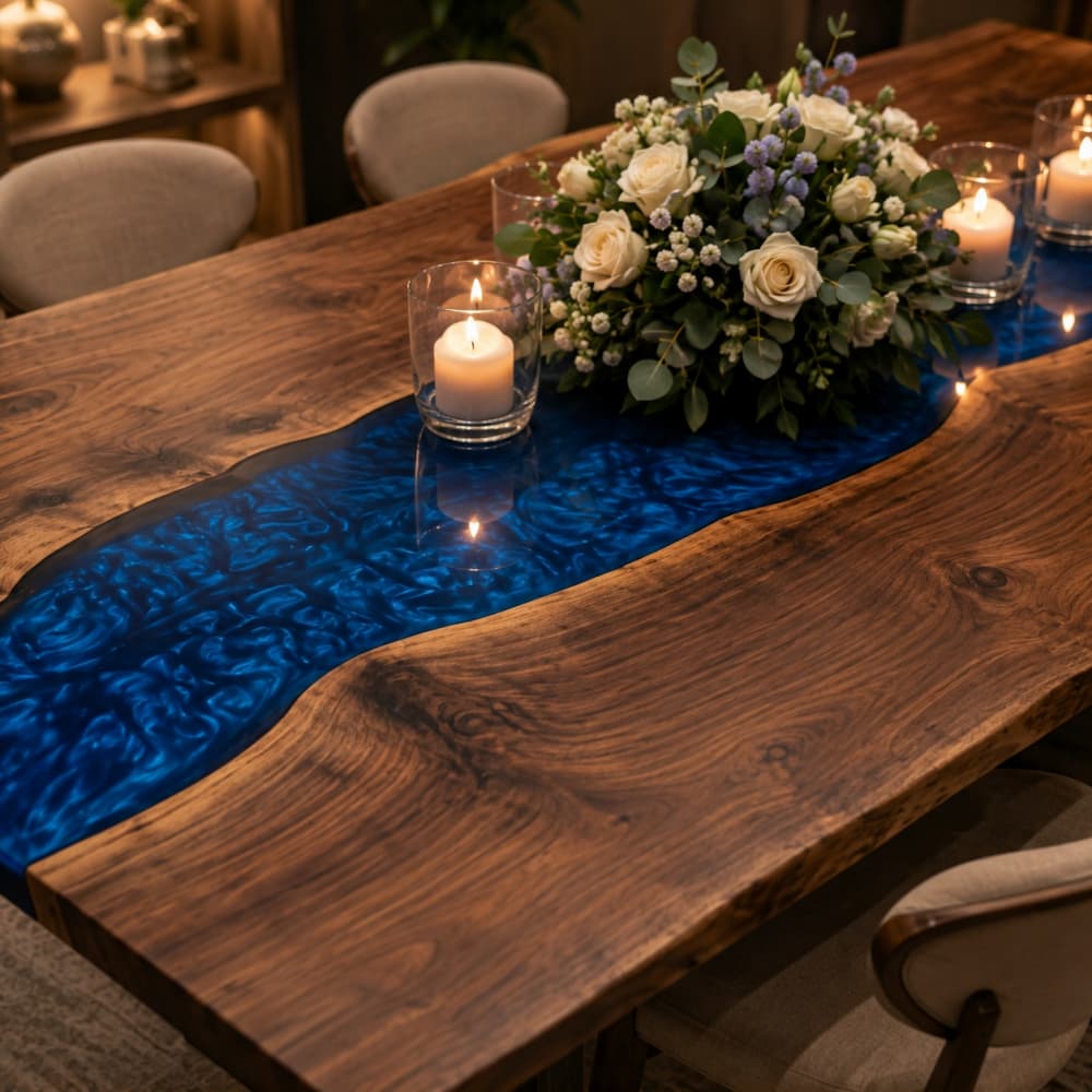Detail view of black walnut grain and blue swirl resin on a banquet tabletop