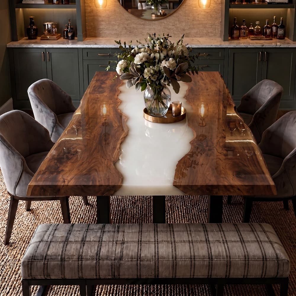 Designer walnut river dining table with high-gloss finish