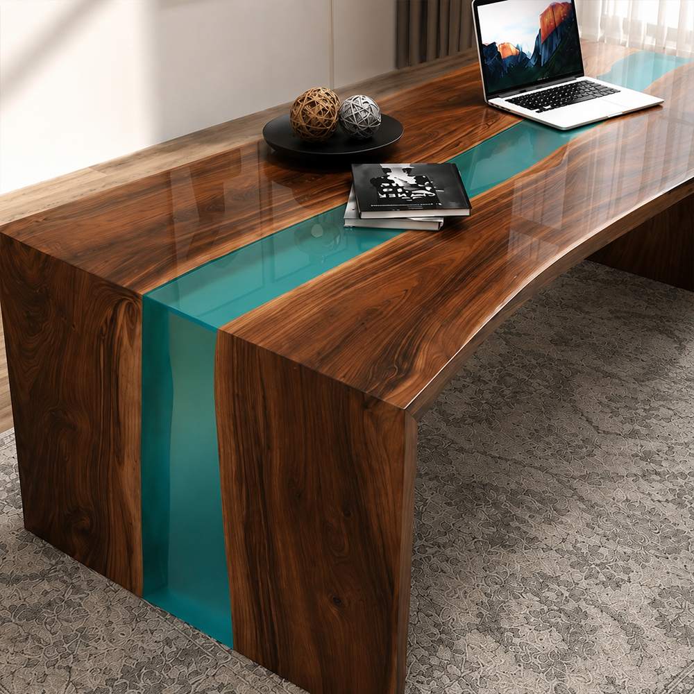 High-end private study office layout styled with a brown leather executive armchair and a custom walnut wood river writing desk