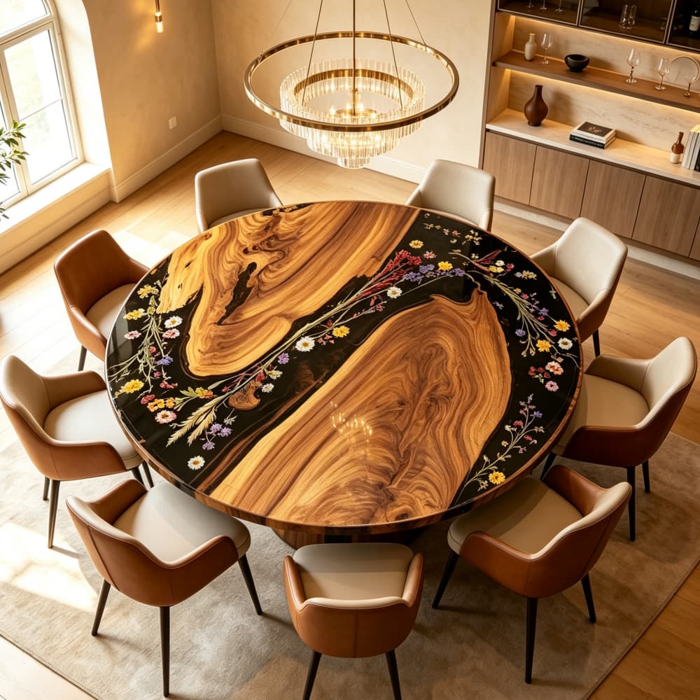 Custom dried flower epoxy round dining table featuring natural walnut grain and black resin botanical details