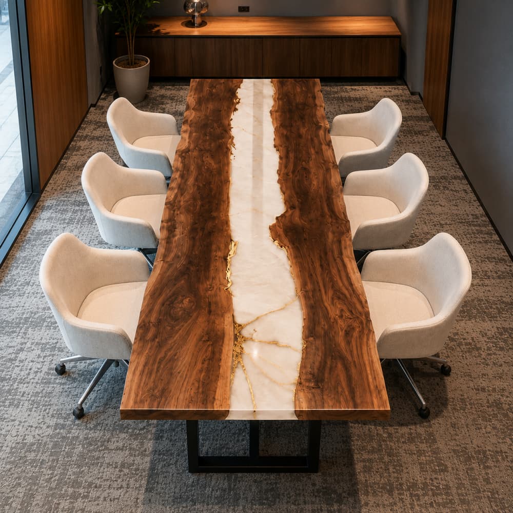Straight front overhead office shot of twin live edge walnut conference dining table with translucent white marble epoxy river veined with shimmering gold cracks, surrounded by wheeled cream fabric office chairs inside minimalist neutral tone corporate meeting room