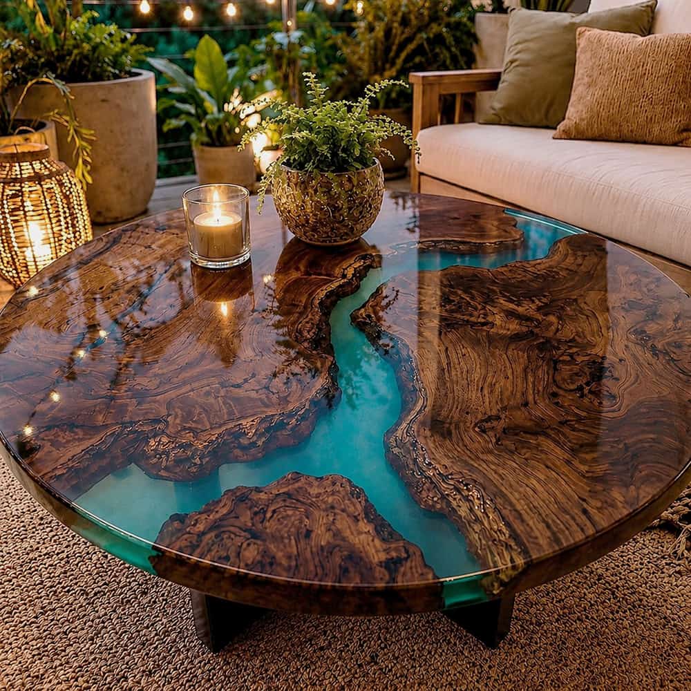 Round black walnut coffee table with transparent green resin river and organic live edge design
