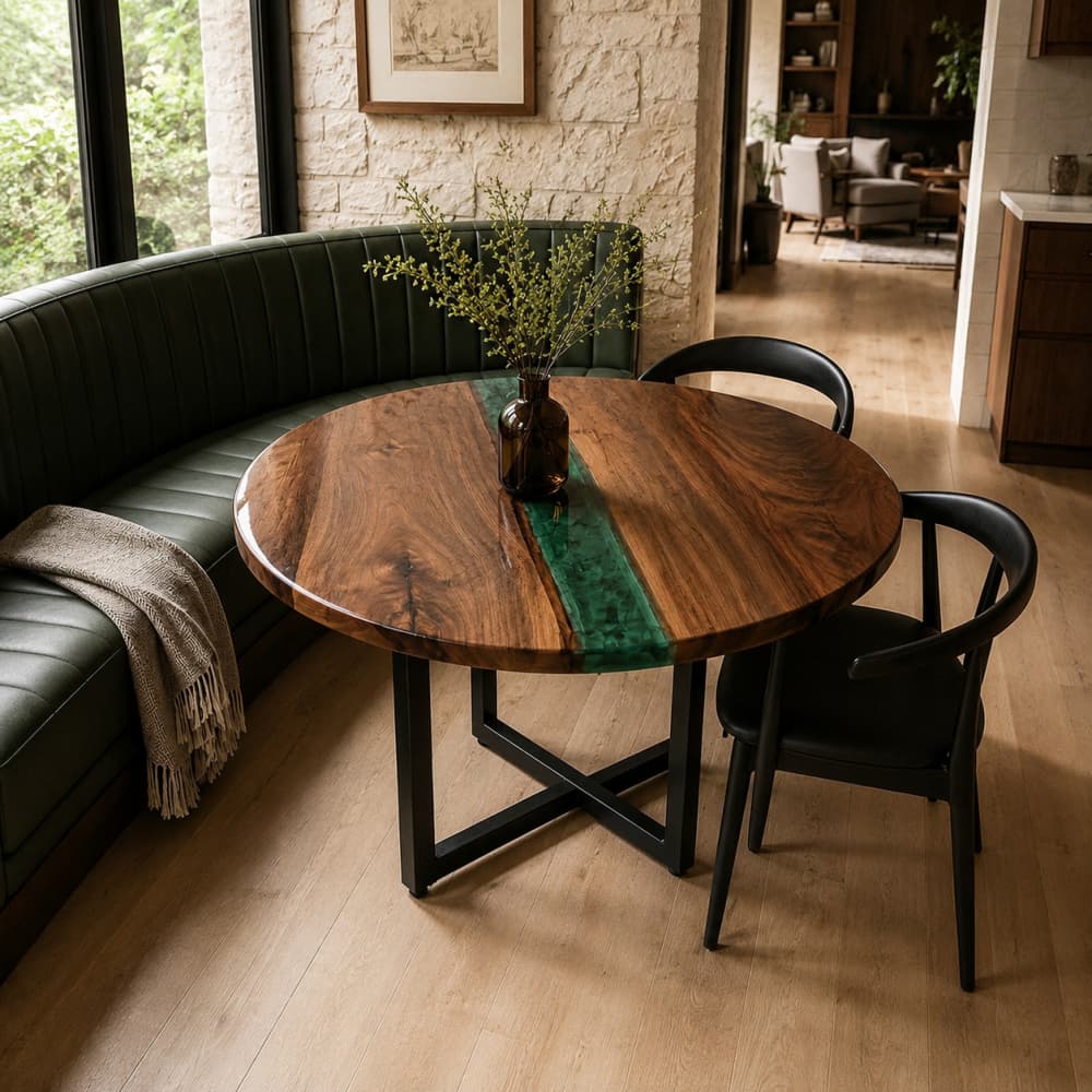 Round dining table with emerald green epoxy river and natural walnut grain