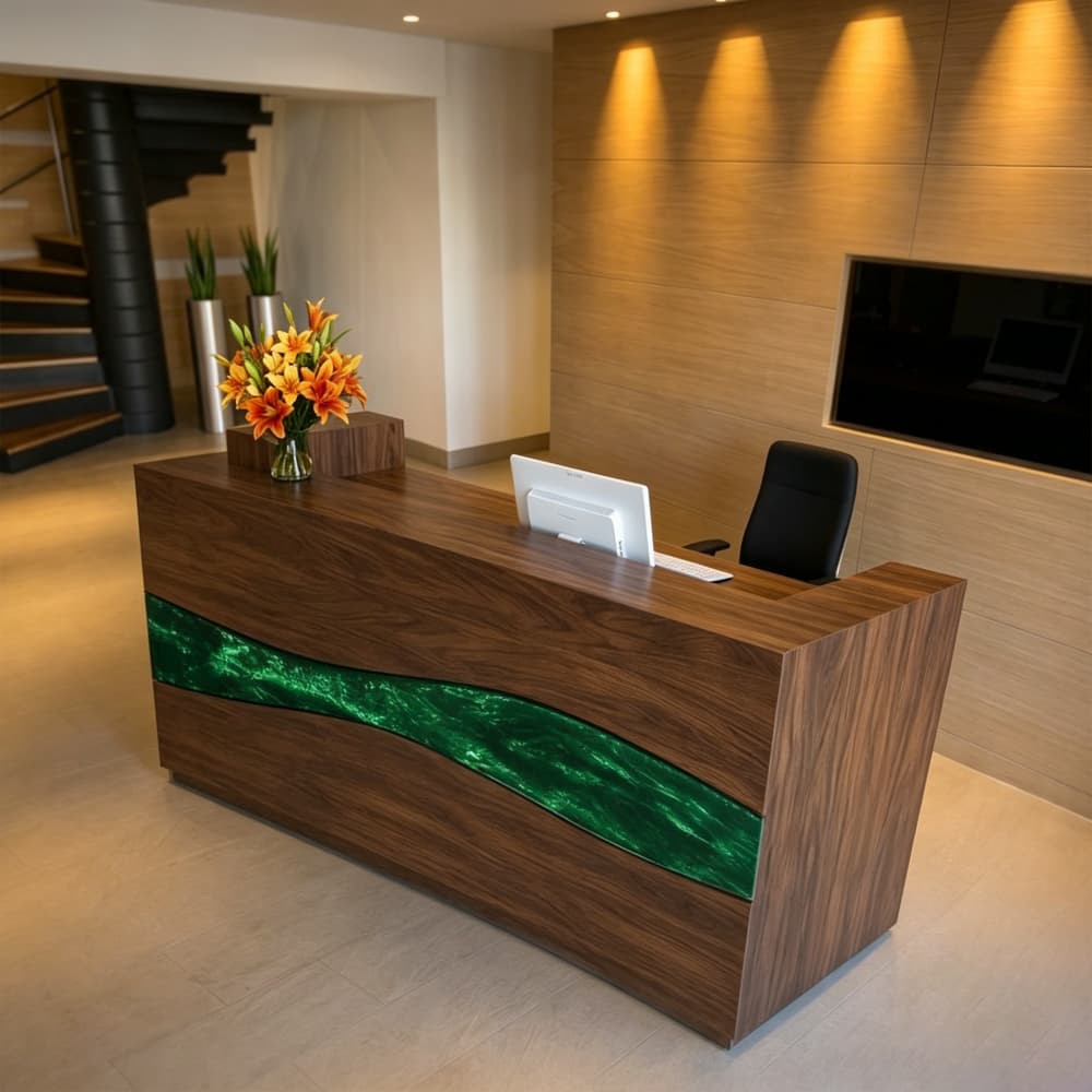 Luxury black walnut reception desk with emerald swirl epoxy resin for modern office lobby