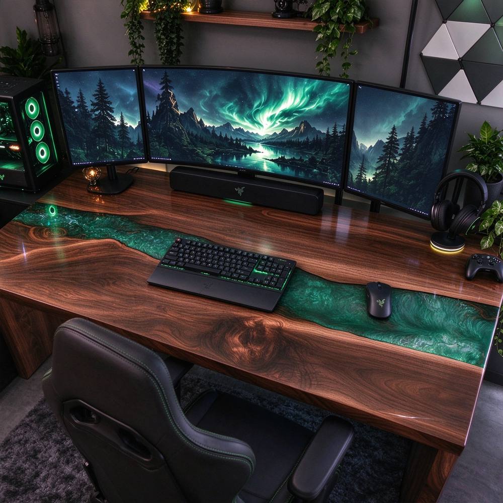emerald green epoxy swirl waterfall leg on a luxury black walnut gaming desk, high-gloss resin finish