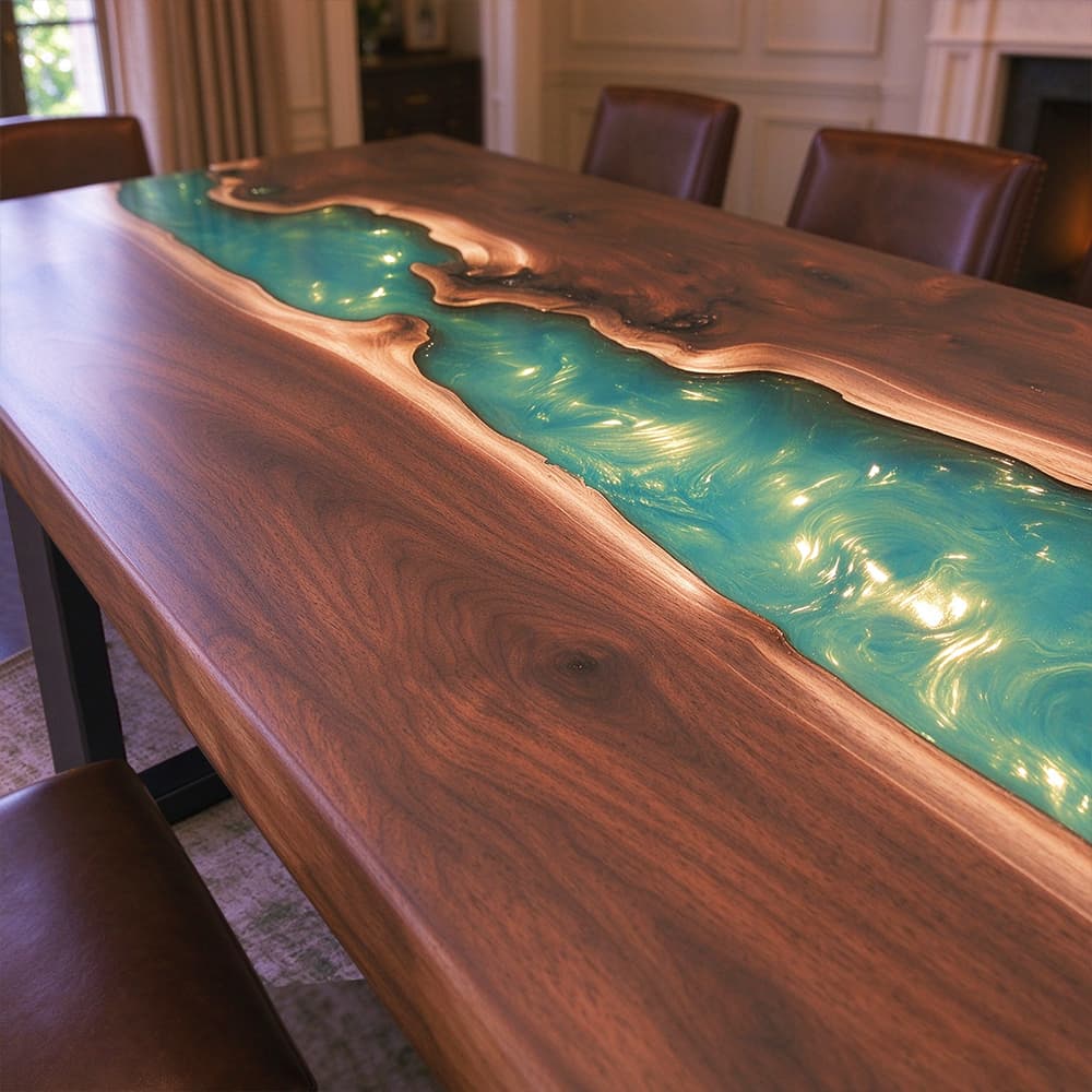 Metallic emerald green swirl epoxy resin flowing through the natural contours of a rich black walnut river table.