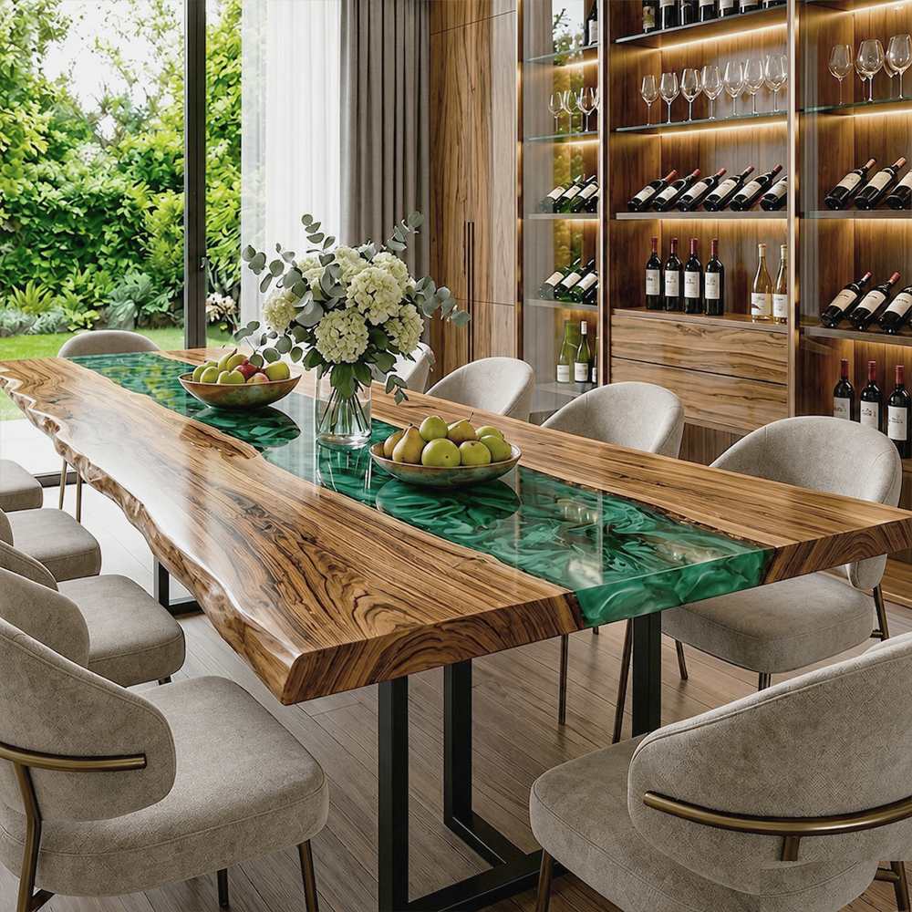 Custom walnut gathering table with flowing green swirl epoxy resin centerpiece.