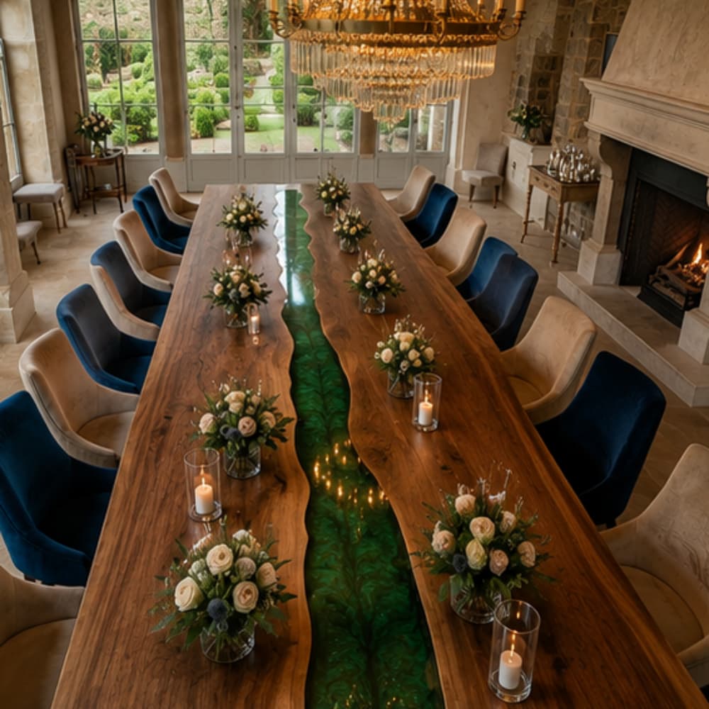 Hospitality banquet table with emerald green epoxy river and live edge walnut slabs