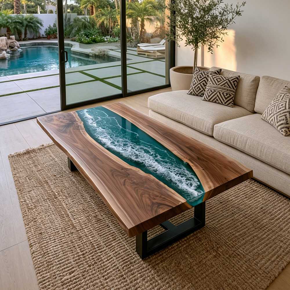 Artisan coffee table inspired by a tropical shoreline with crystal-clear green resin and foaming wave effects