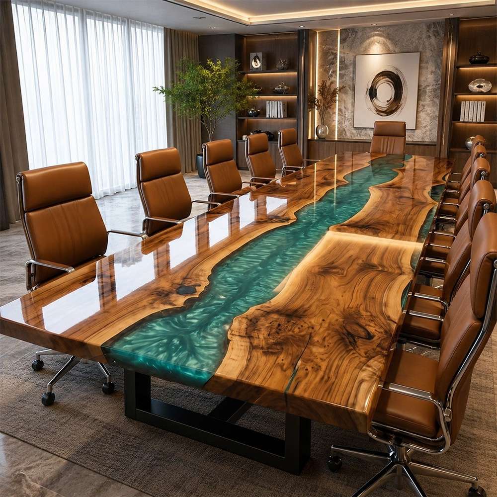 Black walnut boardroom table with emerald swirl epoxy river, designed as a centerpiece for upscale executive meeting rooms