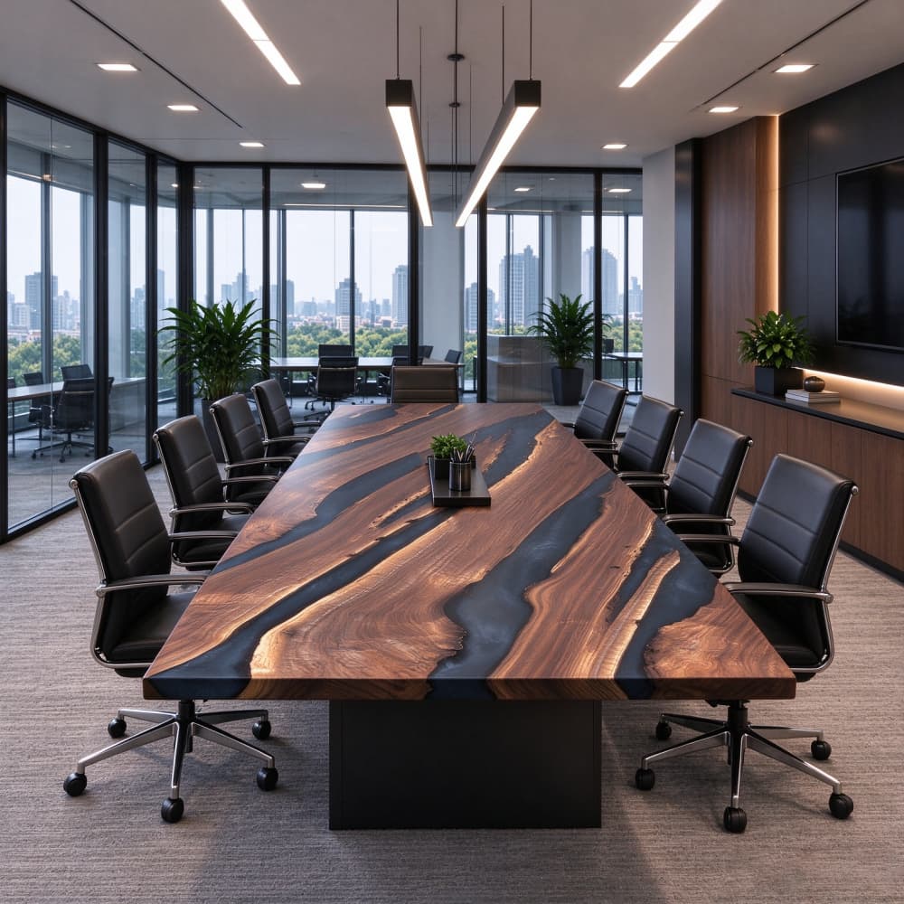 Black walnut epoxy resin conference table with solid black base set in luxury executive corporate meeting room
