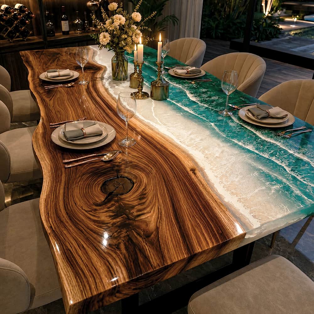 Large bespoke statement table showcasing dramatic wood character and glossy premium resin craftsmanship.
