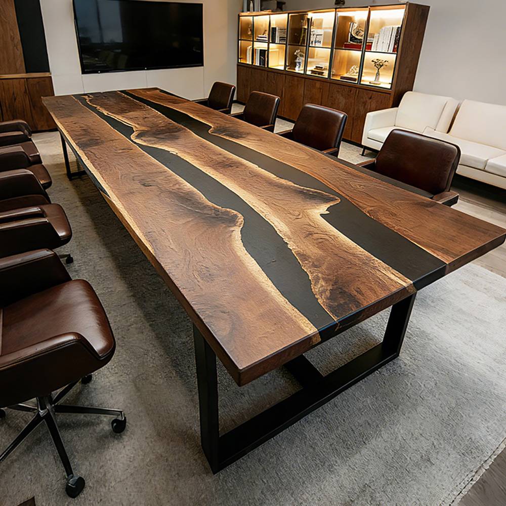 Custom executive conference table crafted from black walnut and deep black epoxy resin