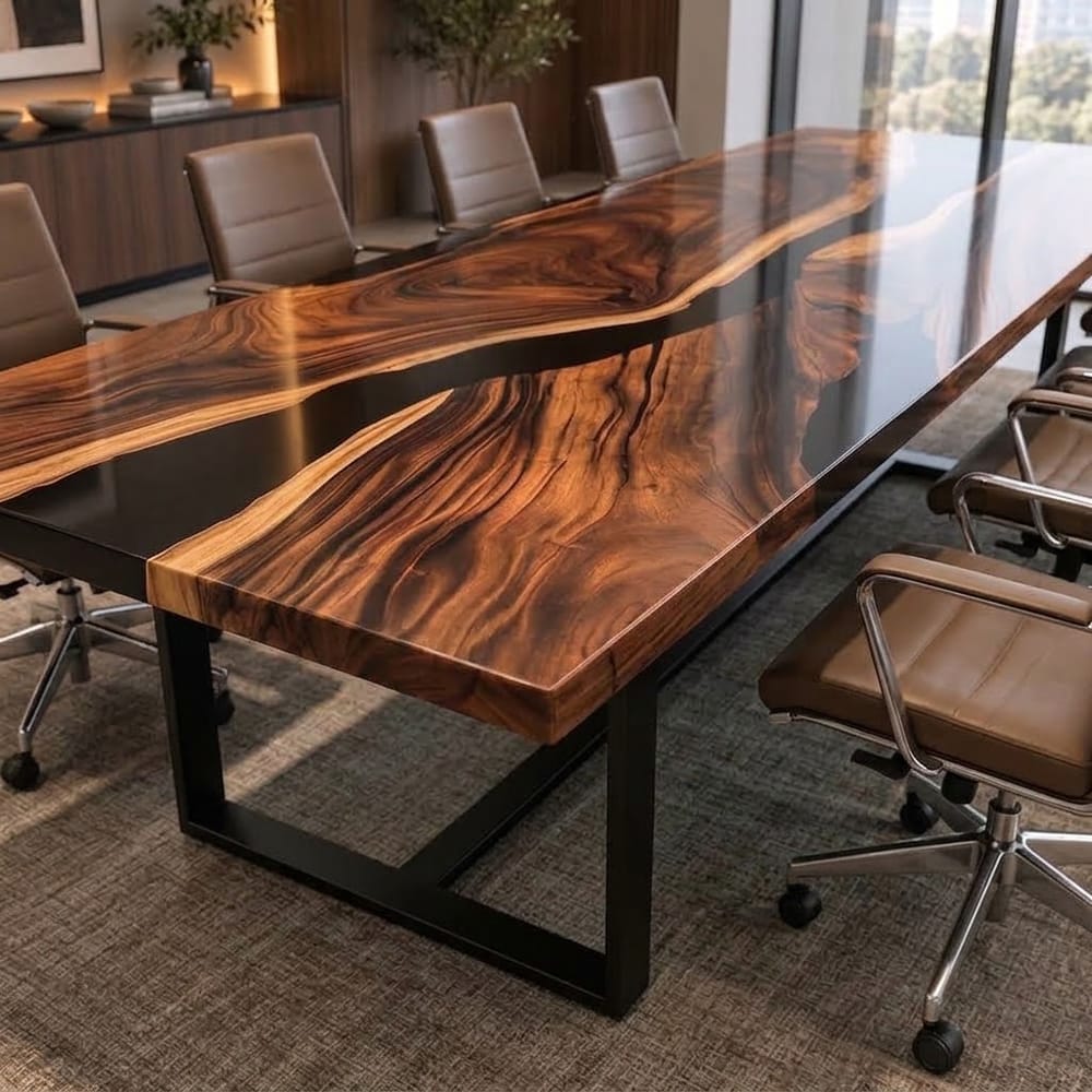 Executive black epoxy conference room table crafted with solid black walnut for a luxury corporate meeting space.