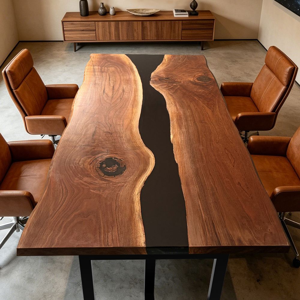 Premium executive meeting table crafted from solid black walnut and deep black epoxy resin