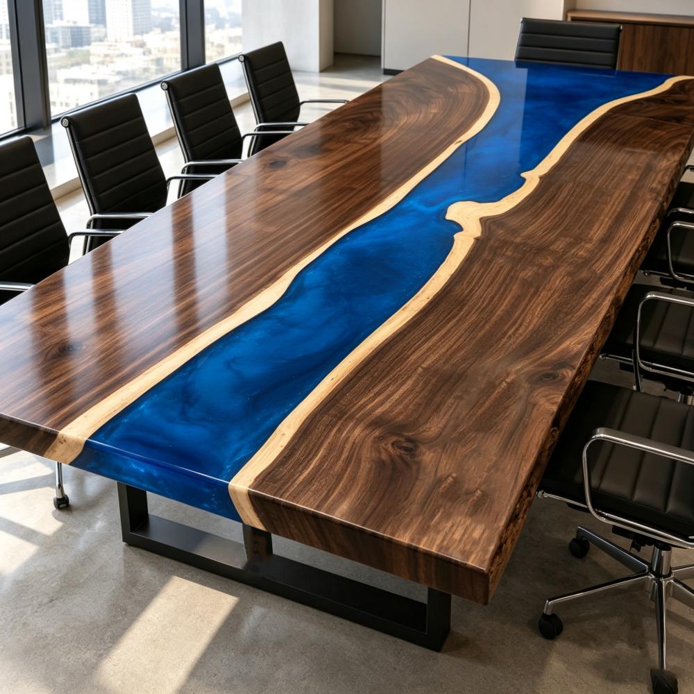 Black Walnut conference table with deep blue epoxy resin river for a modern executive boardroom.