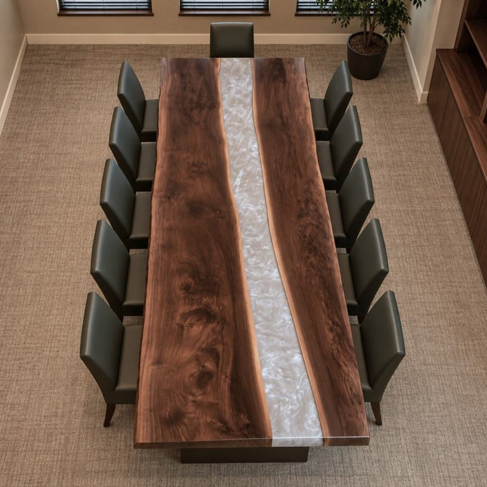 Executive Black Walnut conference table with a light marbled resin inlay