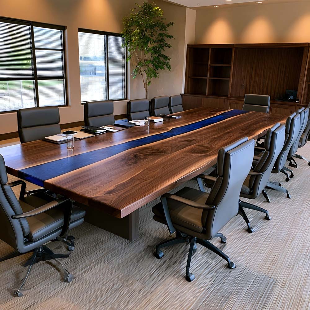 Executive Black Walnut conference table featuring a long deep blue epoxy inlay