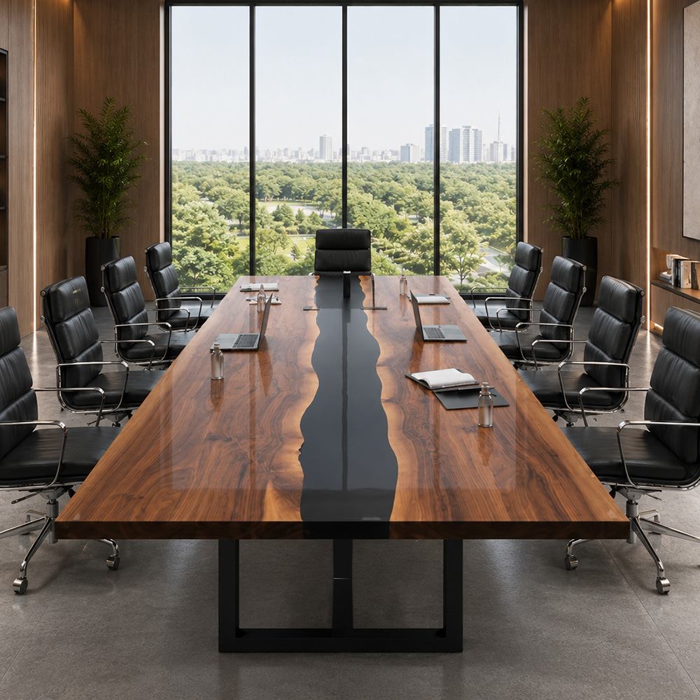 Executive black walnut meeting table featuring a striking black epoxy resin river design