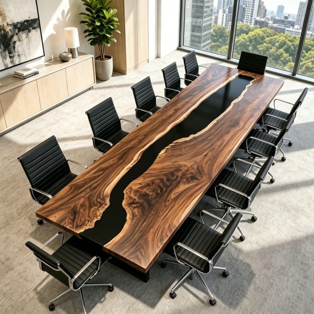 Matte black resin river boardroom table with rich walnut grain and executive office seating