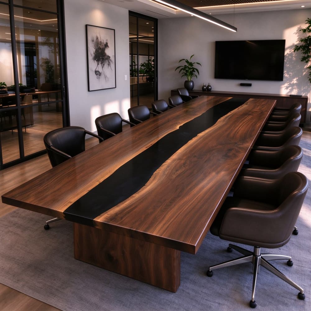 Large black walnut and black resin executive conference table surrounded by leather swivel chairs in a modern corporate boardroom.