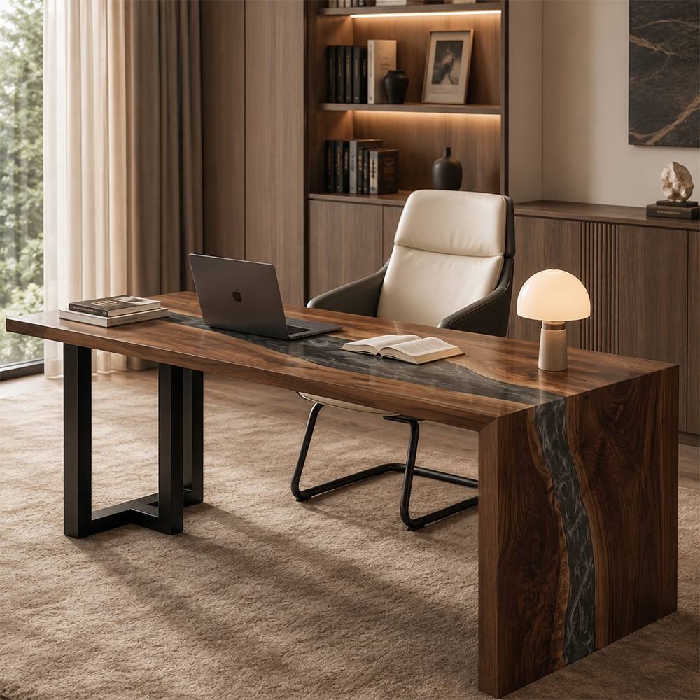 Executive black walnut office table featuring a dark gray epoxy resin centerpiece