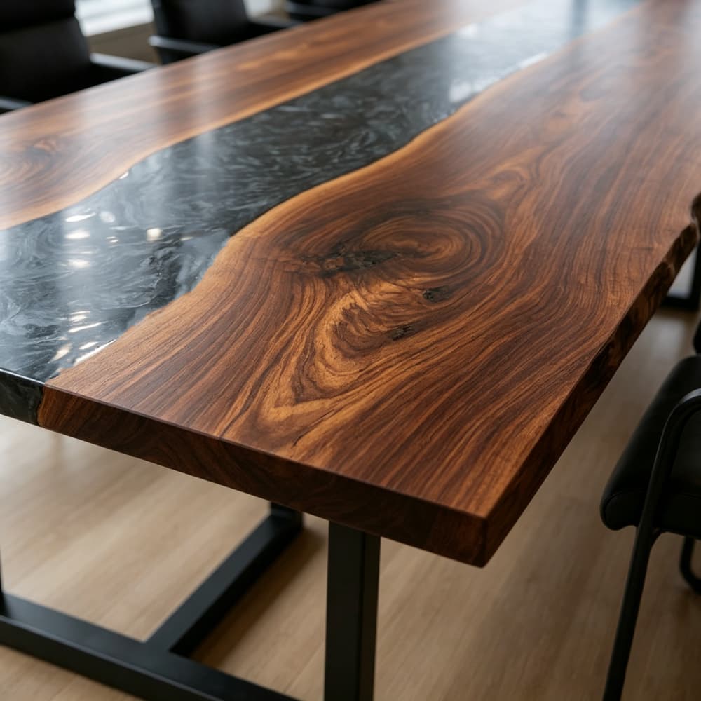 Large black walnut resin meeting table designed for corporate offices and multi-person discussions