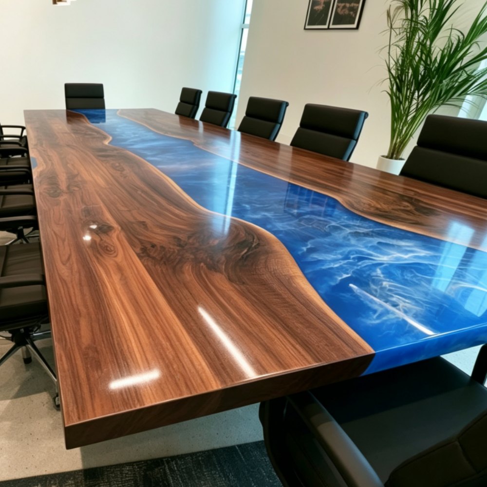 Large blue resin conference table with Black Walnut for an executive corporate boardroom