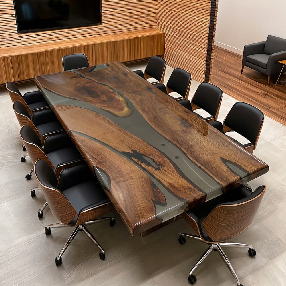 Modern luxury office meeting room featuring a custom resin wood table surrounded by black leather and walnut veneer office chairs