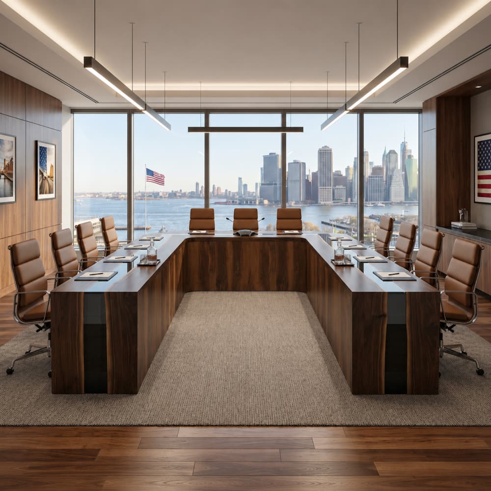 Architectural top view of an elite horseshoe-shaped corporate meeting table showcasing live edge wood grains