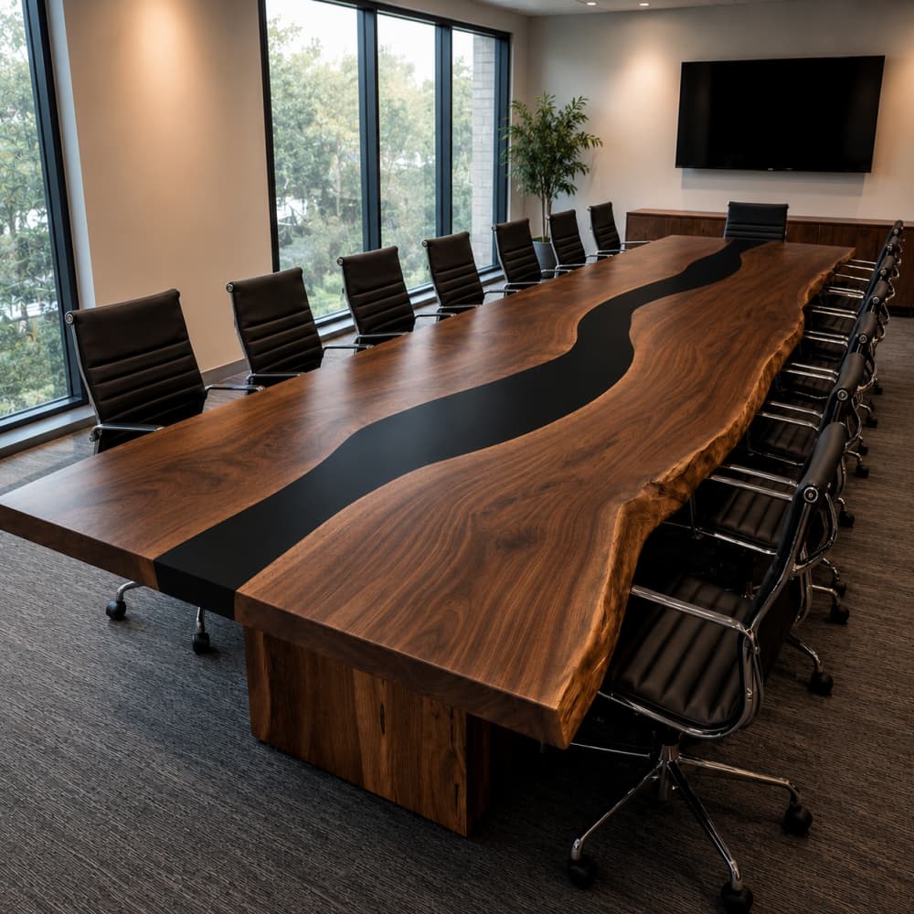 Large black walnut live edge conference table with black epoxy river in a modern boardroom