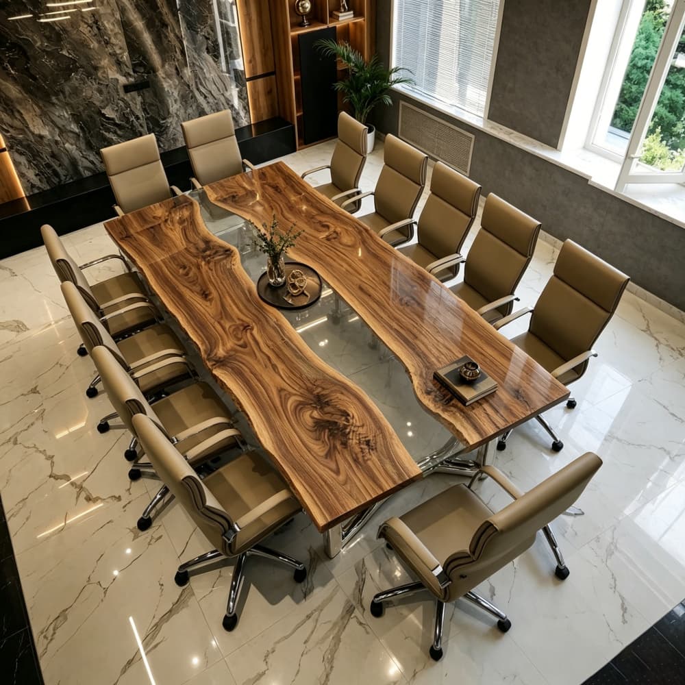 Long-form walnut resin meeting table surrounded by twelve premium beige leather rolling office chairs on a marble floor